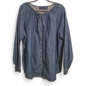 Women's 1X lightweight Denim Cotton pearl snap long sleeve shirt blouse casual